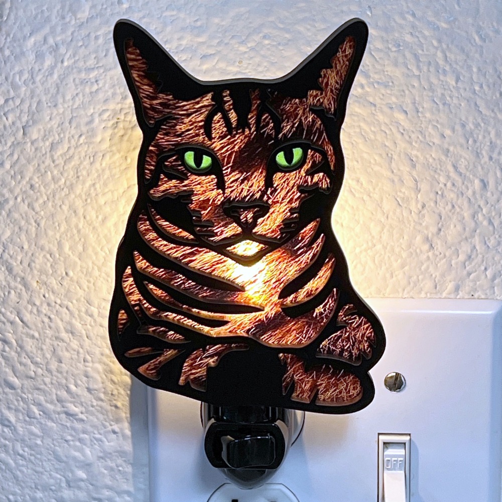 Tabby‎ Cat Handmade Night Light Laser Cut Animal Art Green Eyes